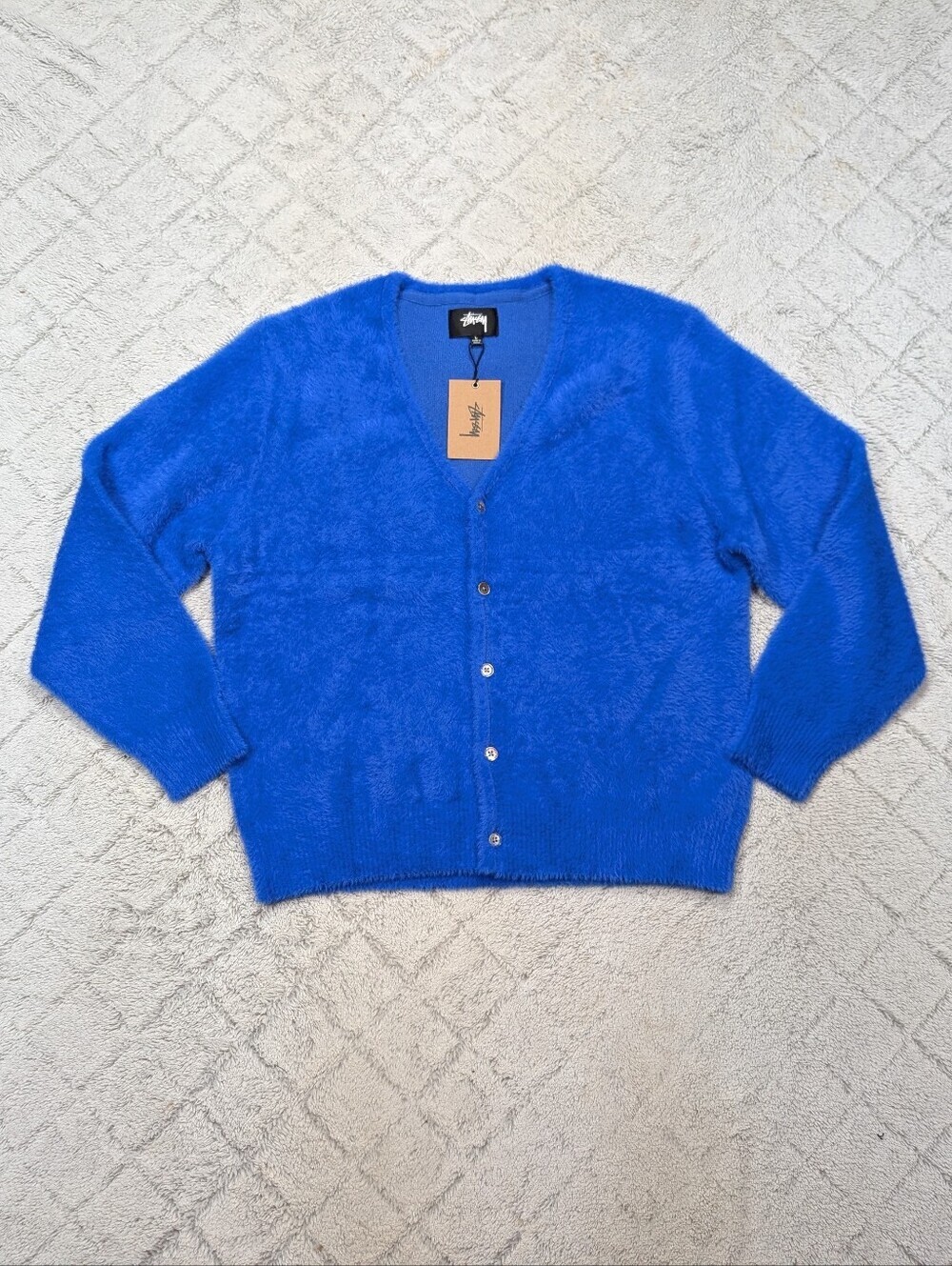 Stussy Sweater Mens L Blue Royal Shaggy Cardigan V-Neck Button Up Streetwear NEW
